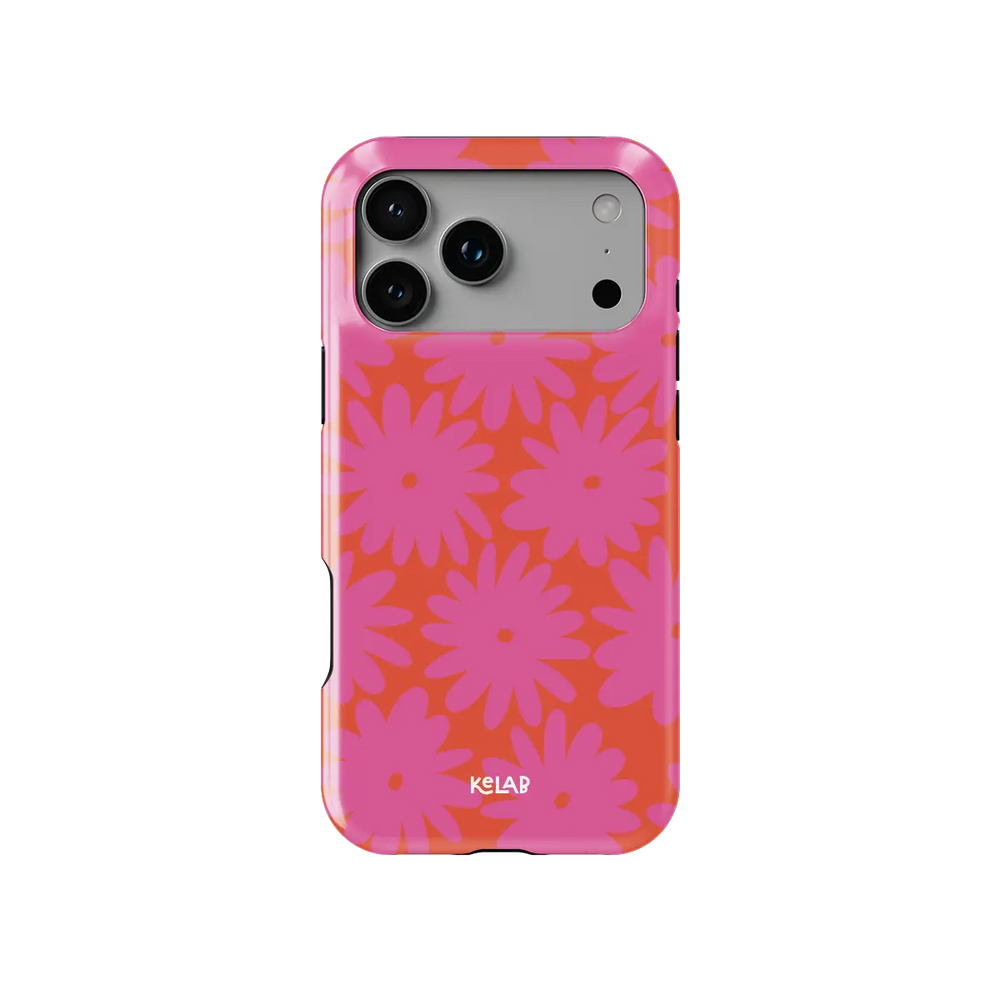 Sunflare Daisy pink daisy floral Tough iPhone case, front view showing the pattern.