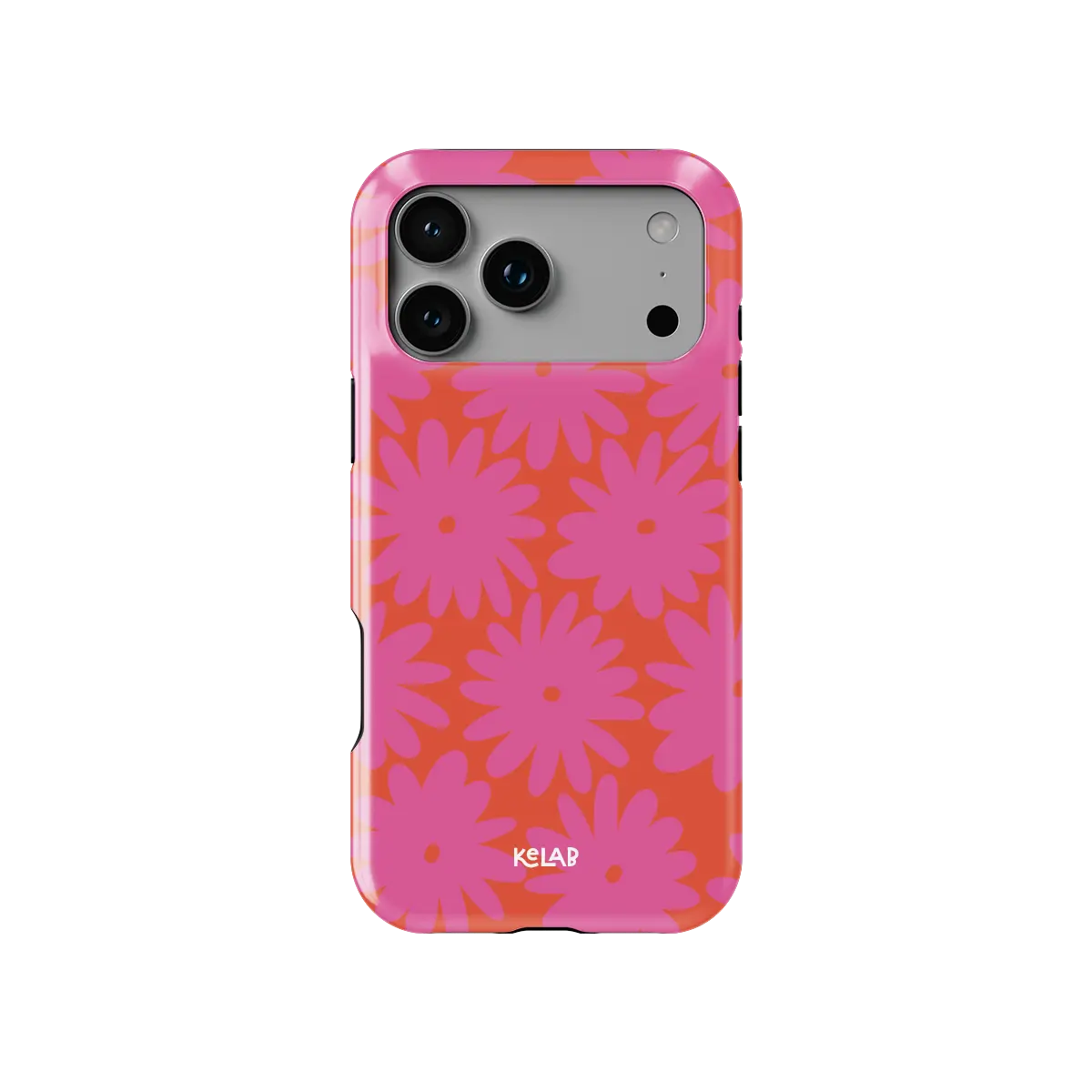 Sunflare Daisy pink daisy floral Tough iPhone case, front view showing the pattern.