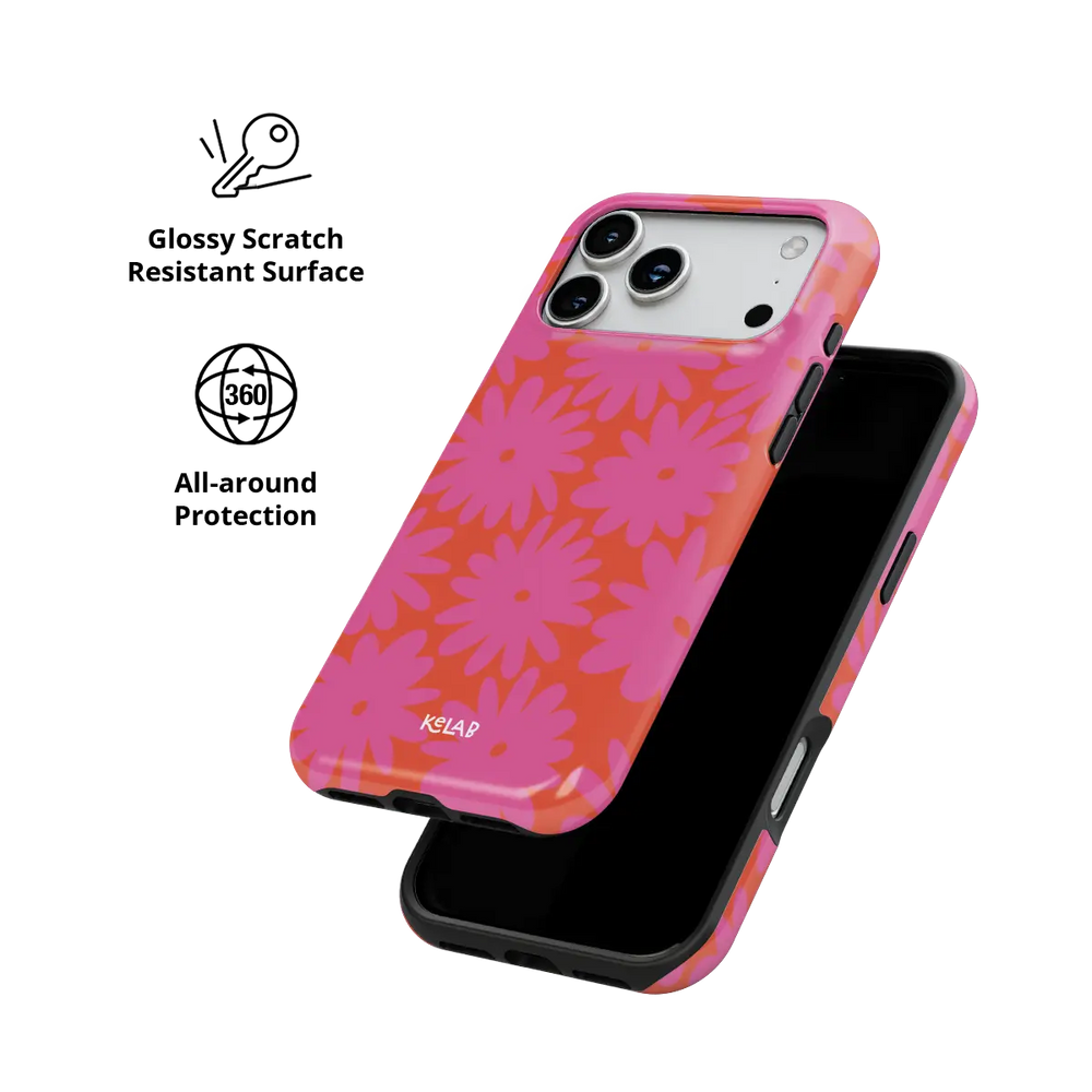 Sunflare Daisy pink daisy floral Tough iPhone case with glossy, scratch resistant all-around protection.