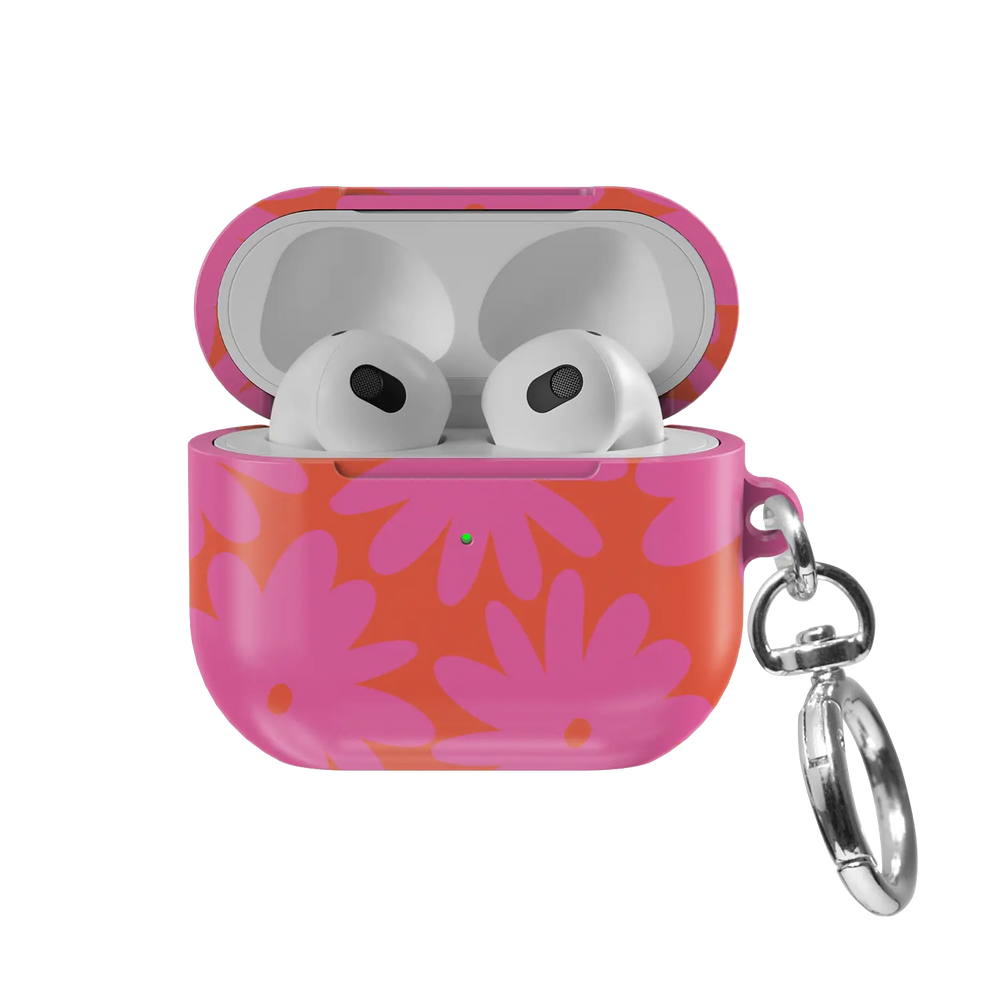 Sunflare Daisy AirPods case — front view with lid open, showing pink daisy print on orange and AirPods nested inside