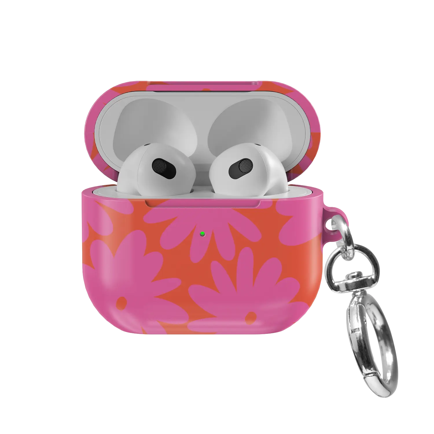 Sunflare Daisy AirPods case — front view with lid open, showing pink daisy print on orange and AirPods nested inside