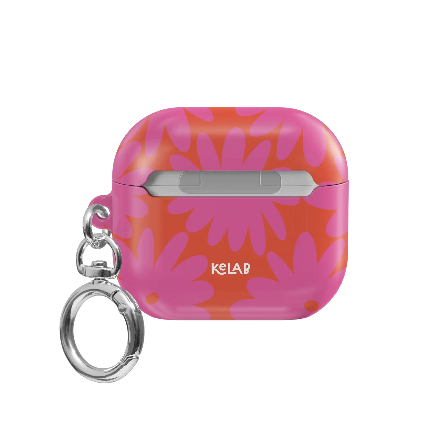 Sunflare Daisy AirPods case — back view showing pink daisies on glowing orange ground