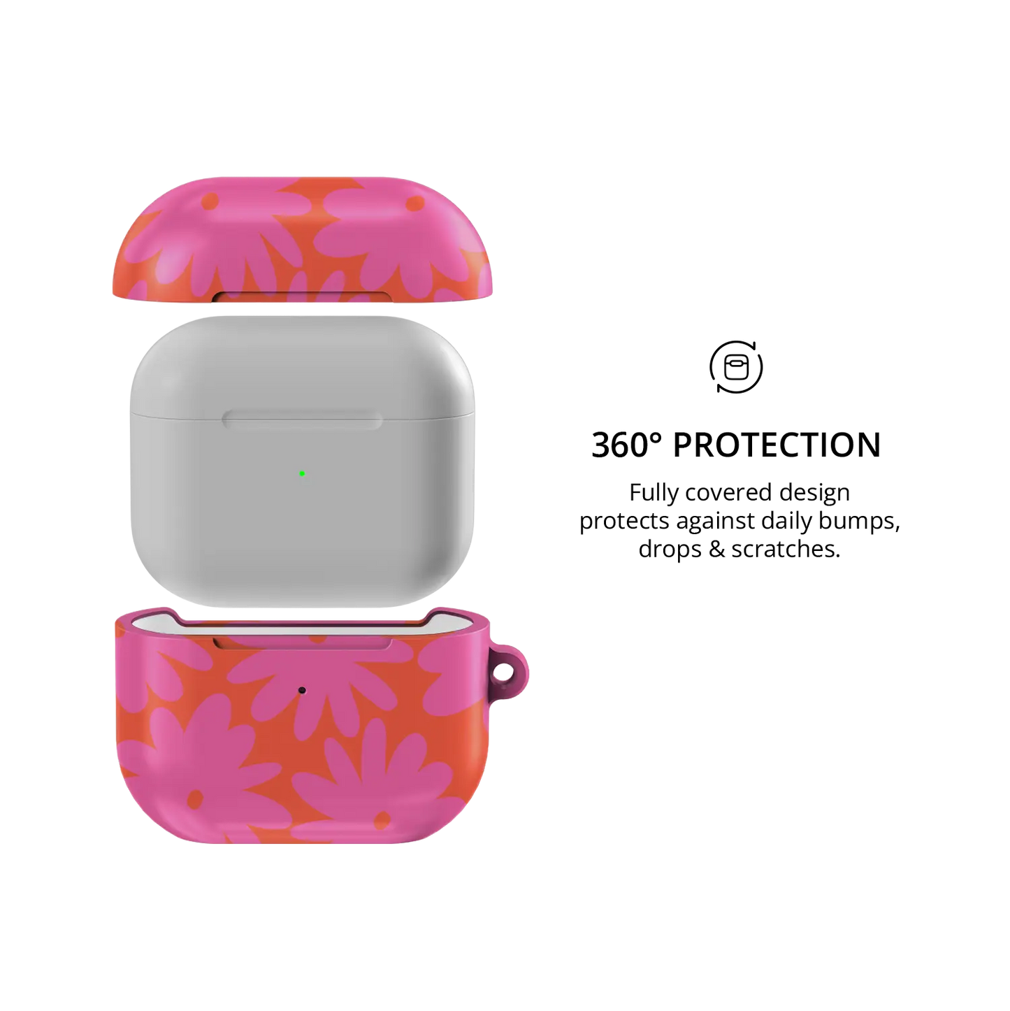 Sunflare Daisy AirPods case — front and back views highlighting full 360° protective coverage
