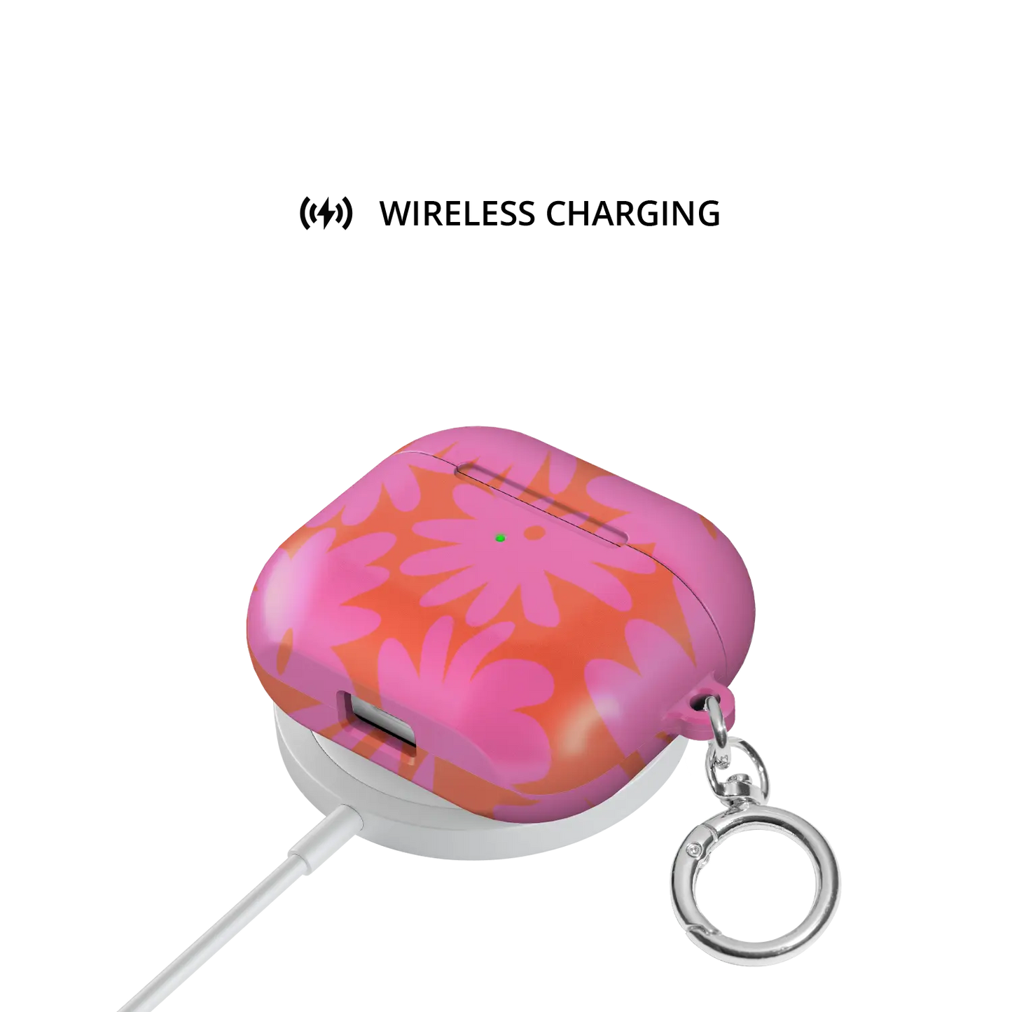 Sunflare Daisy AirPods case — shown on wireless charging pad, Qi compatible without removing case