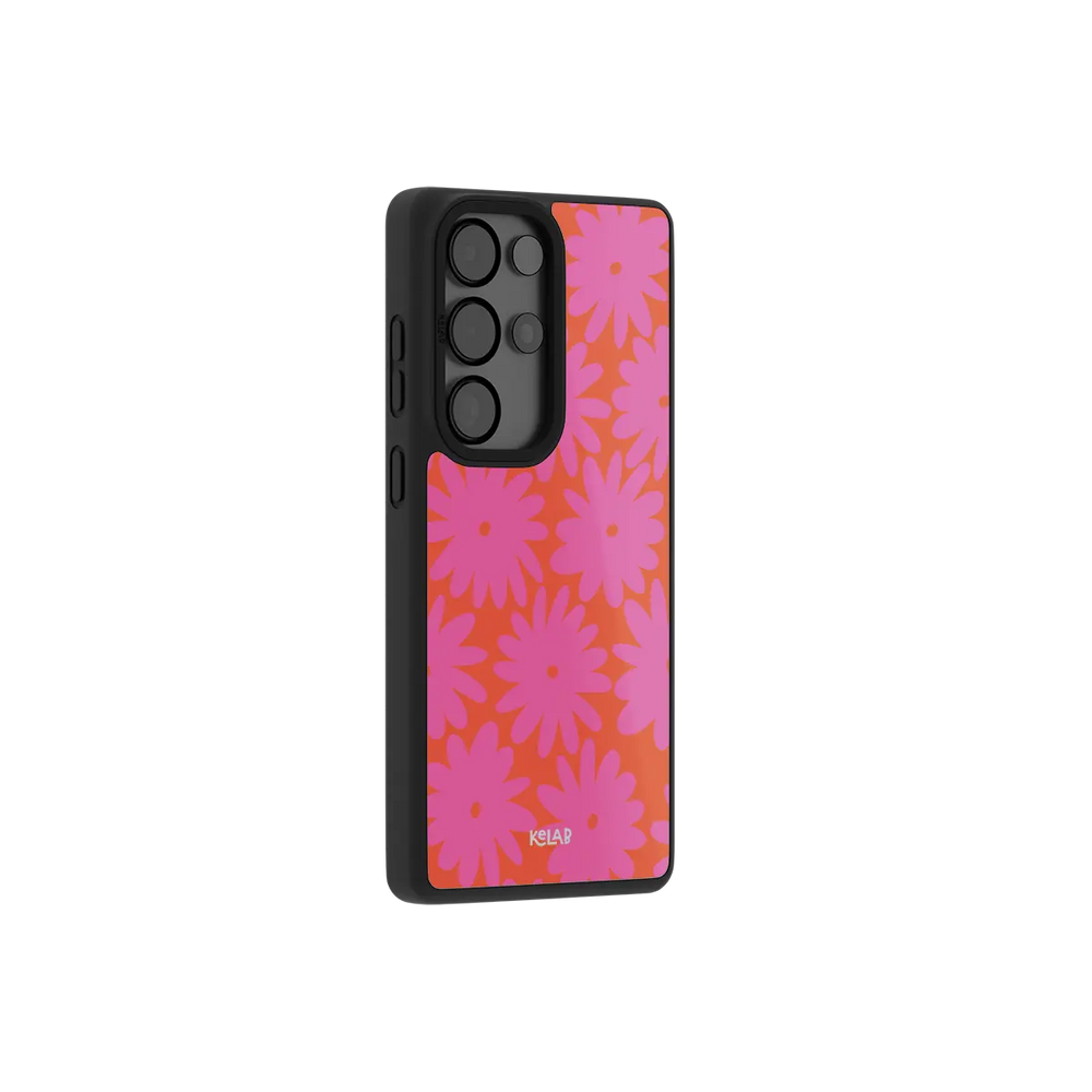 Pink daisy floral Samsung Galaxy case at a side angle showing the wrapped button covers
