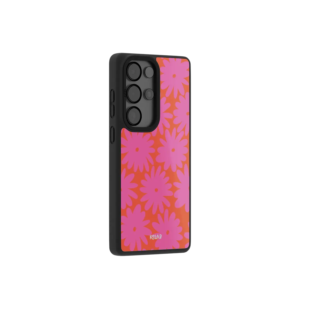 Pink daisy floral Samsung Galaxy case at a side angle showing the wrapped button covers