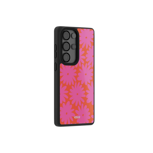 Pink daisy floral Samsung Galaxy case at a side angle showing the wrapped button covers