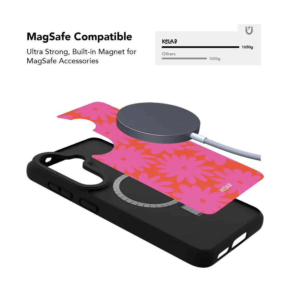 Pink daisy floral Samsung Galaxy case holding a magnetic wireless charger through the built in ring