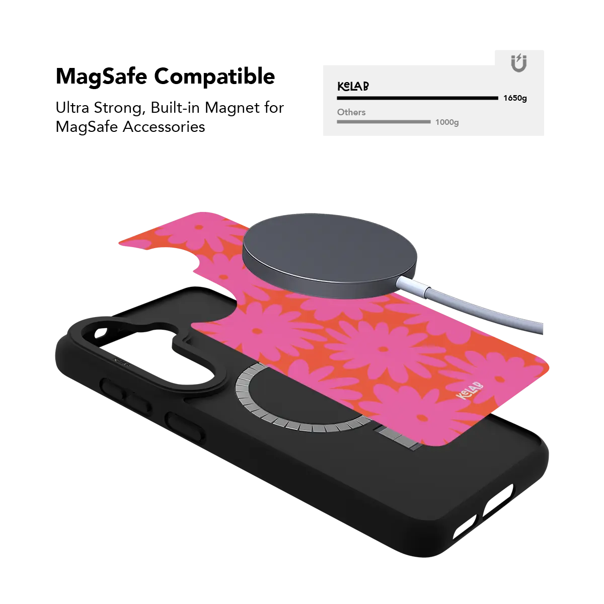 Pink daisy floral Samsung Galaxy case holding a magnetic wireless charger through the built in ring