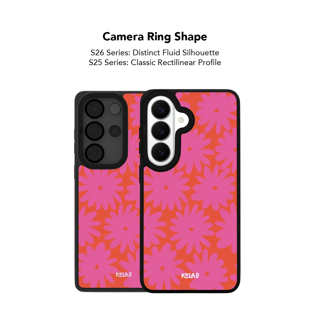 Close up of the camera ring cutout on the pink daisy floral Samsung Galaxy case