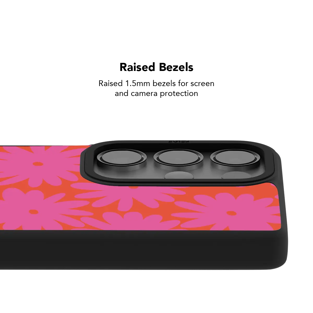 Raised bezel on the pink daisy Galaxy case lifting the camera lenses clear of a flat surface