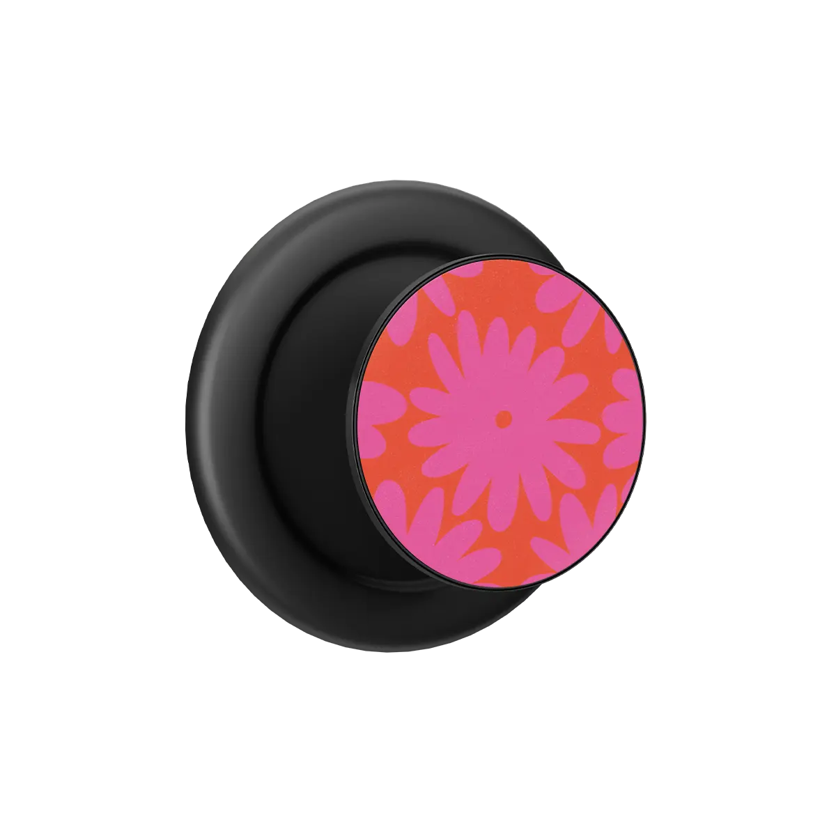 Black pop grip with pink and red daisy design, Magsafe phone grip with built-in strong magnets.