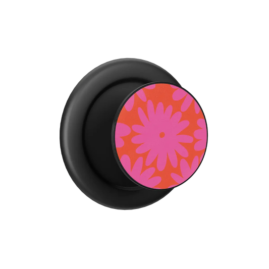 Black pop grip with pink and red daisy design, Magsafe phone grip with built-in strong magnets.