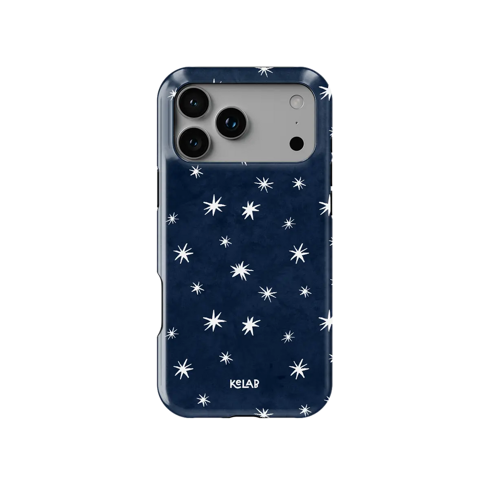 Starglimmer deep blue celestial star Tough iPhone case, front view showing the pattern.