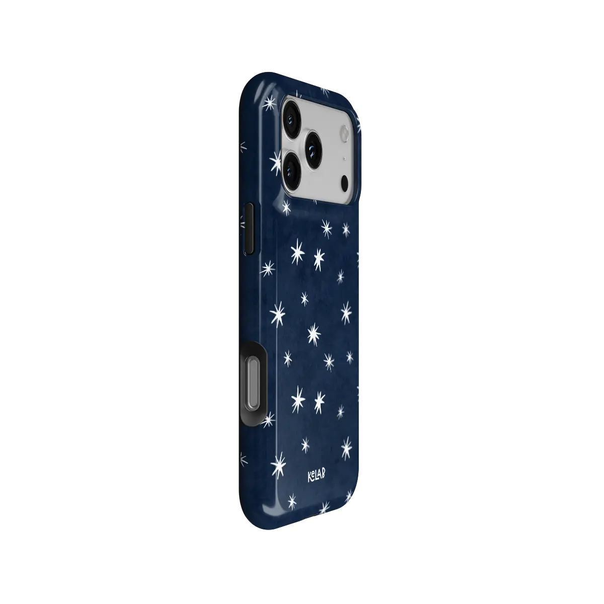 Starglimmer deep blue celestial star Tough iPhone case, side view showing the pattern wrapped around the shell.