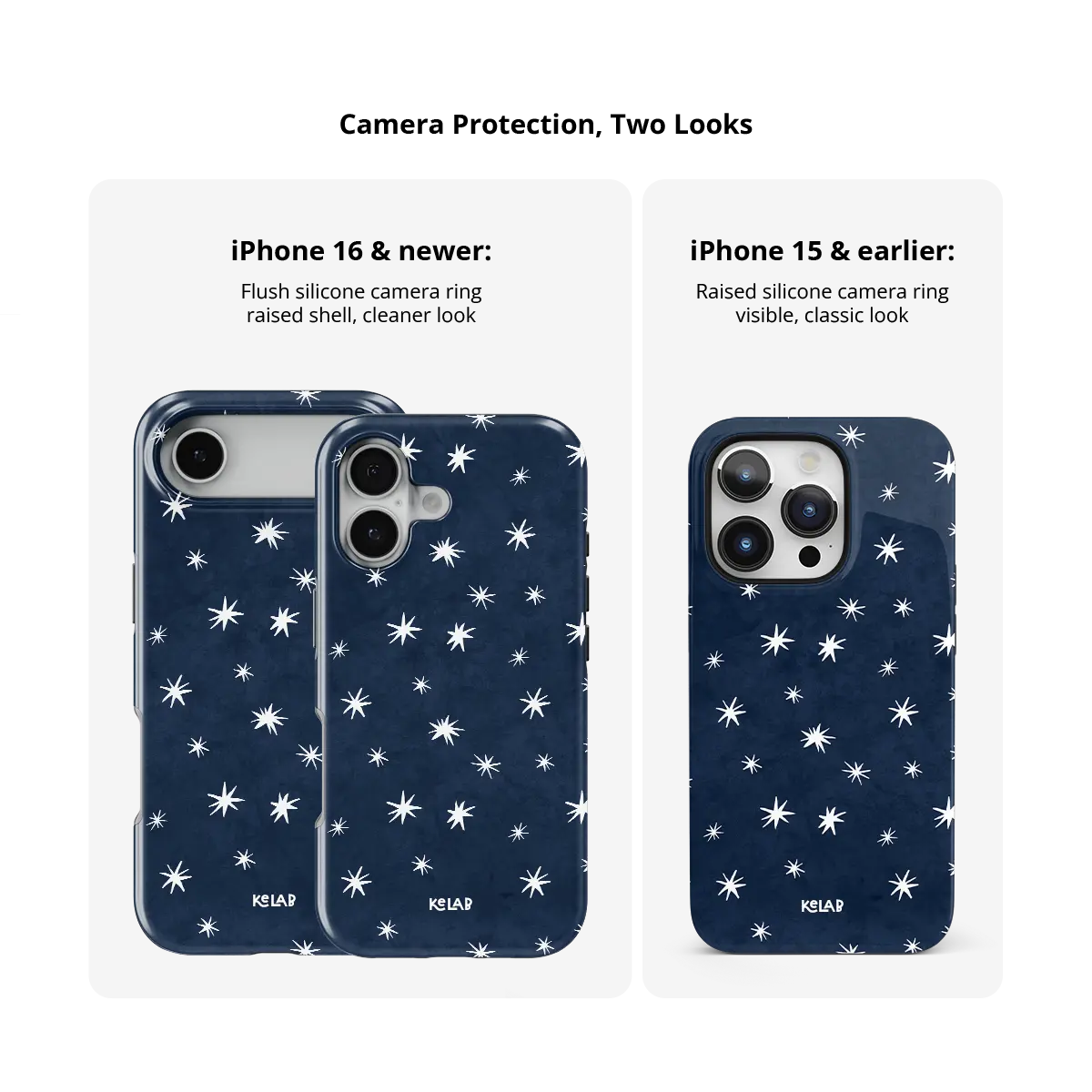 Starglimmer deep blue celestial star Tough iPhone case size comparison across iPhone 15 to 18 models.