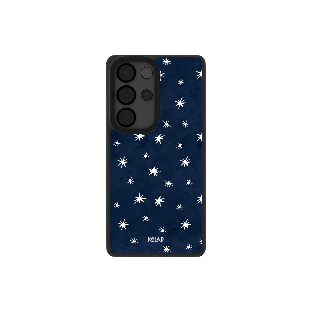 Navy Samsung Galaxy phone case with a minimalist star pattern on a black TPU material