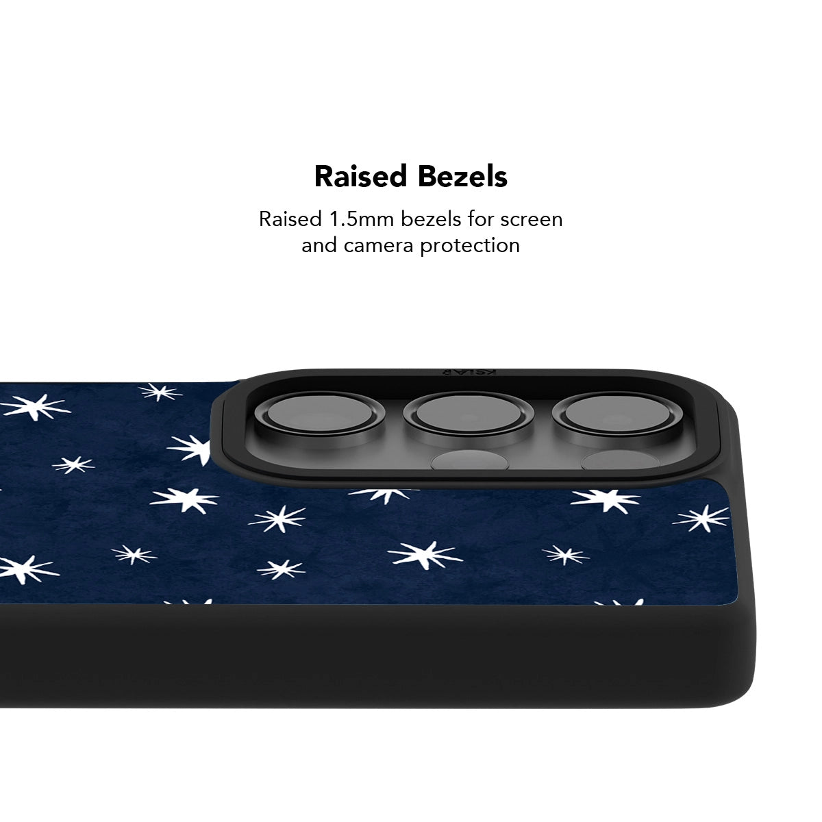 Navy Samsung Galaxy phone case with a minimalist polka dot pattern and raised bezels for screen protection