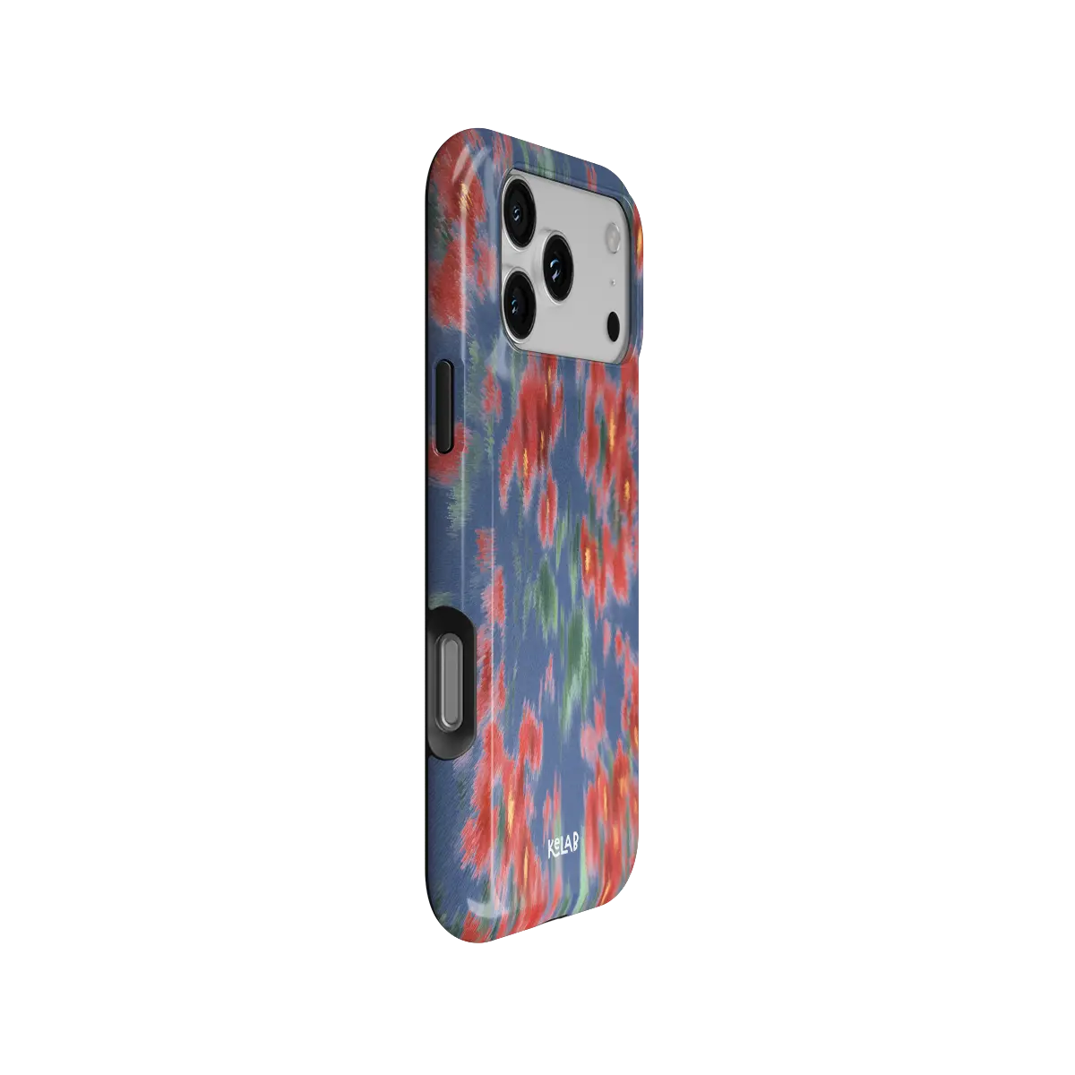 Chromaflash red floral Tough iPhone case, side view showing the pattern wrapped around the shell.