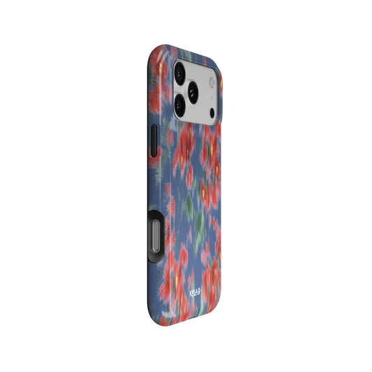 Chromaflash red floral Tough iPhone case, side view showing the pattern wrapped around the shell.