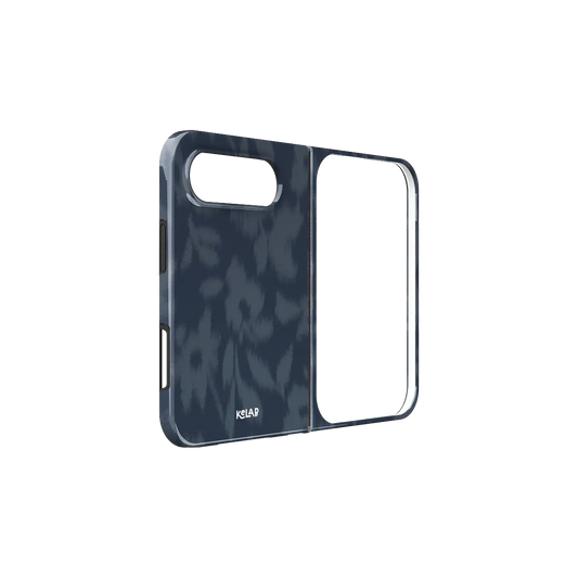 Dark Blue Floral, Moody Navy Botanical iPhone 18 Fold Case, unfolded side view showing the hinge