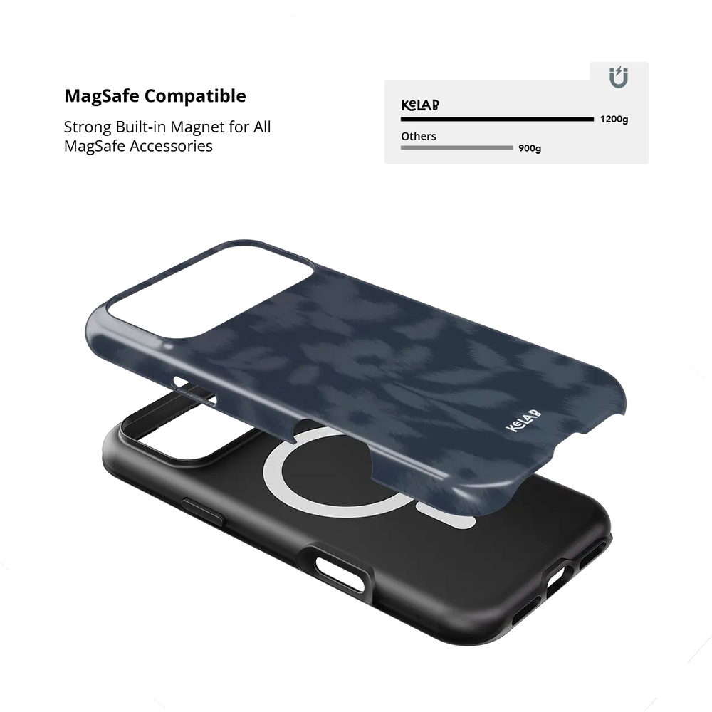 Acid Flora dark blue floral Tough iPhone case with built-in strong MagSafe magnets.