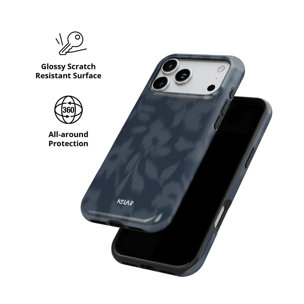Acid Flora dark blue floral Tough iPhone case with glossy, scratch resistant all-around protection.