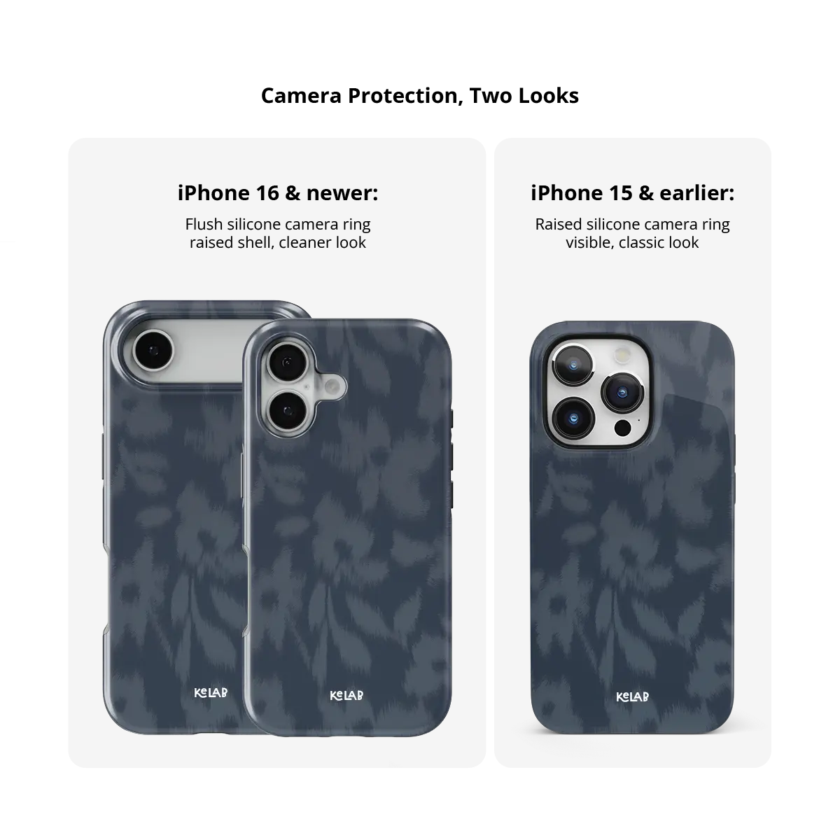 Acid Flora dark blue floral Tough iPhone case size comparison across iPhone 15 to 18 models.