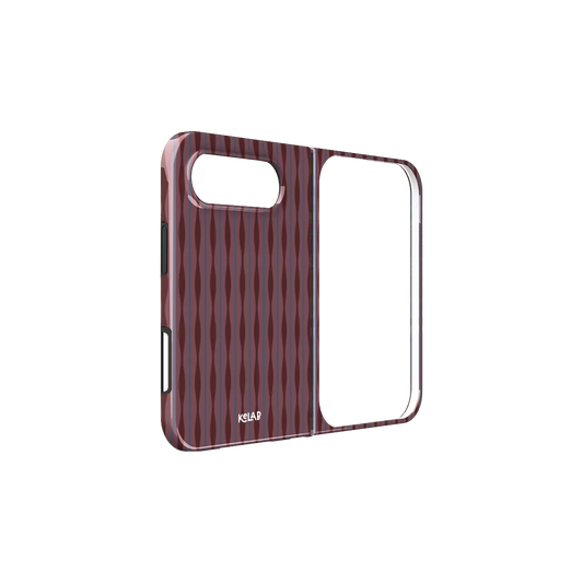 Burgundy Wavy Textured, Ripple iPhone 18 Fold Case, unfolded side view showing the hinge