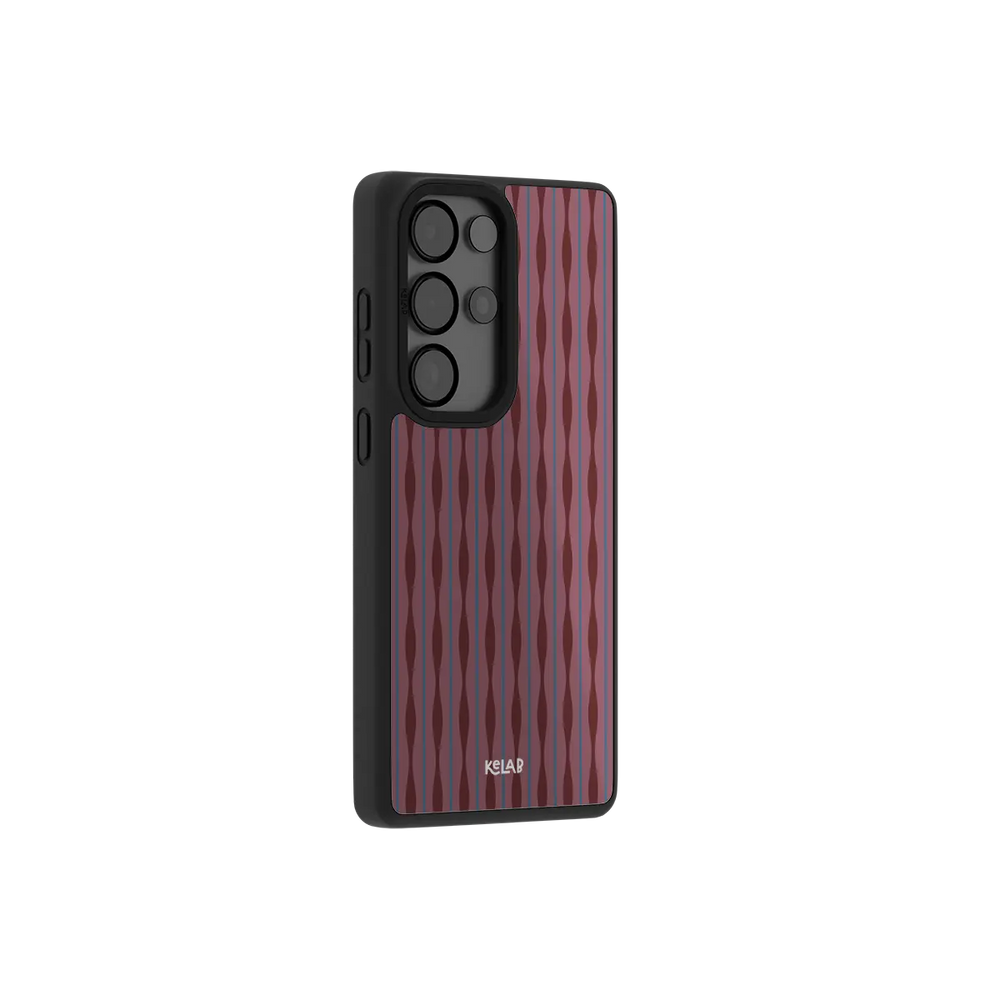 Burgundy wavy texture Samsung Galaxy case at a side angle showing the wrapped button covers