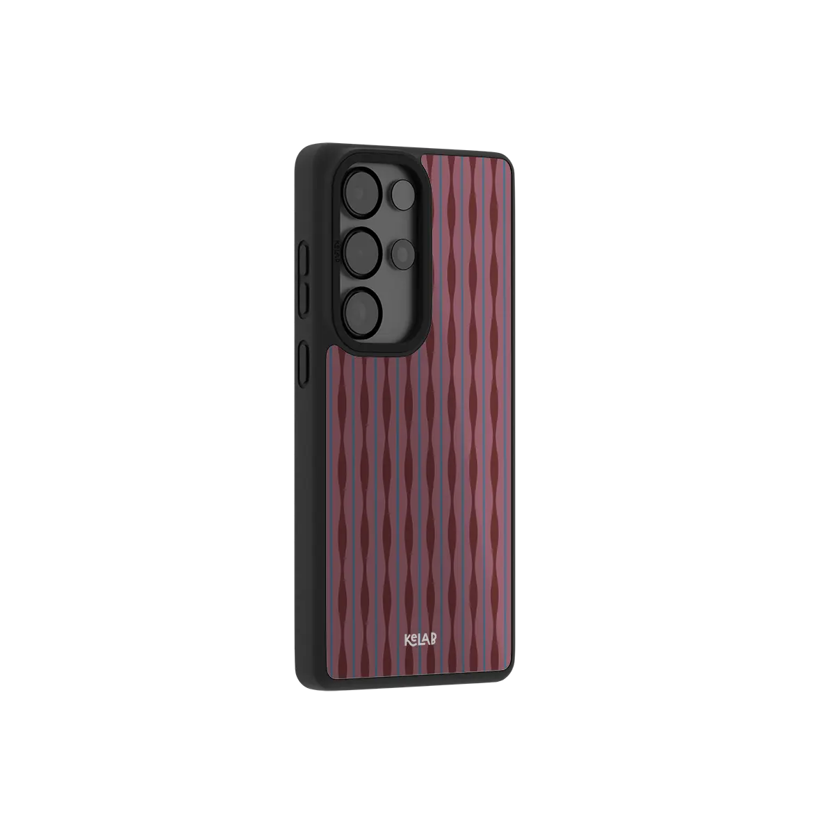 Burgundy wavy texture Samsung Galaxy case at a side angle showing the wrapped button covers