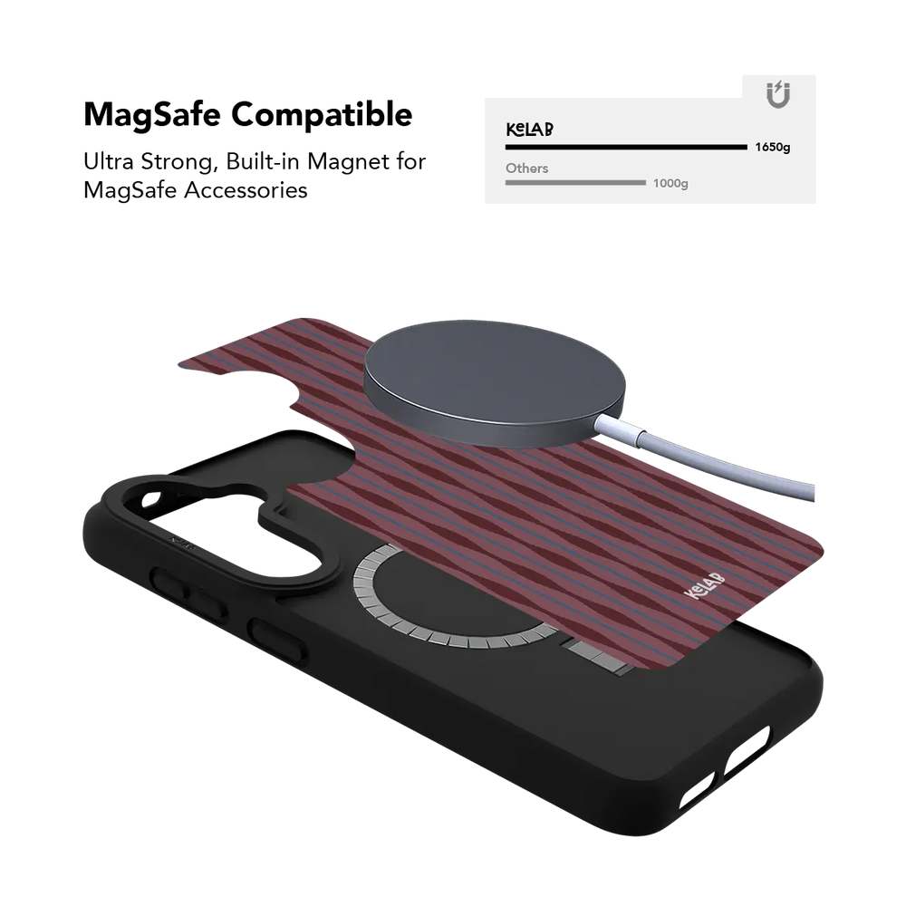 Burgundy wavy texture Samsung Galaxy case holding a magnetic wireless charger through the built in ring