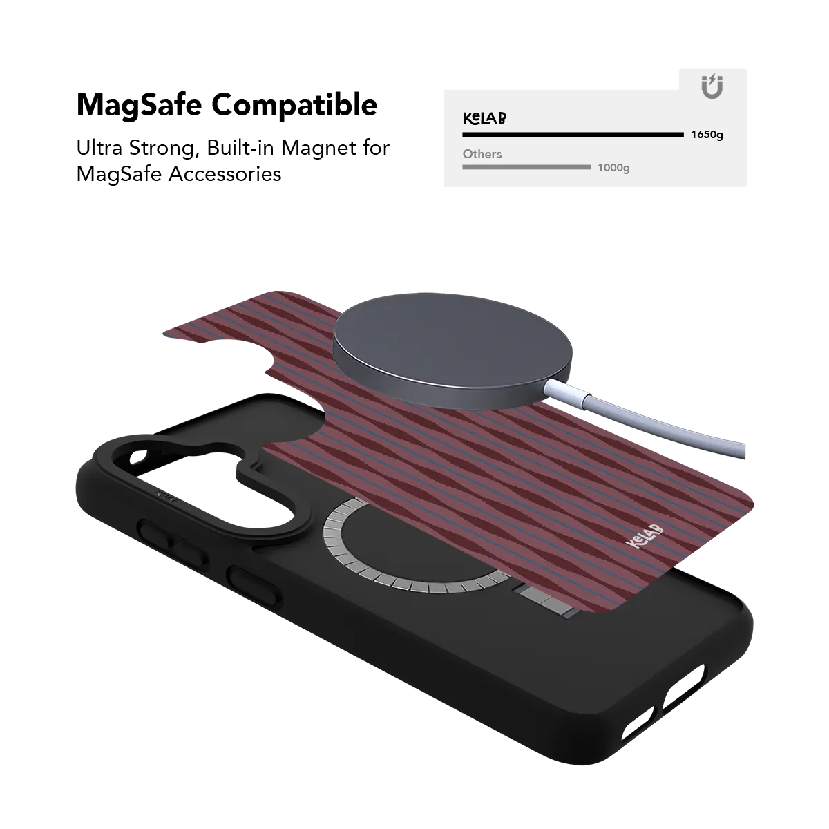 Burgundy wavy texture Samsung Galaxy case holding a magnetic wireless charger through the built in ring