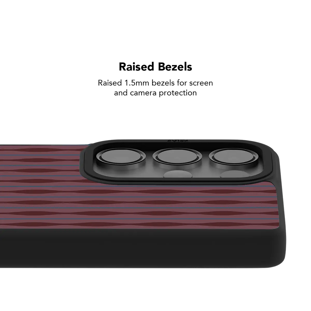 Raised bezel on the burgundy ripple Galaxy case lifting the camera lenses clear of a flat surface