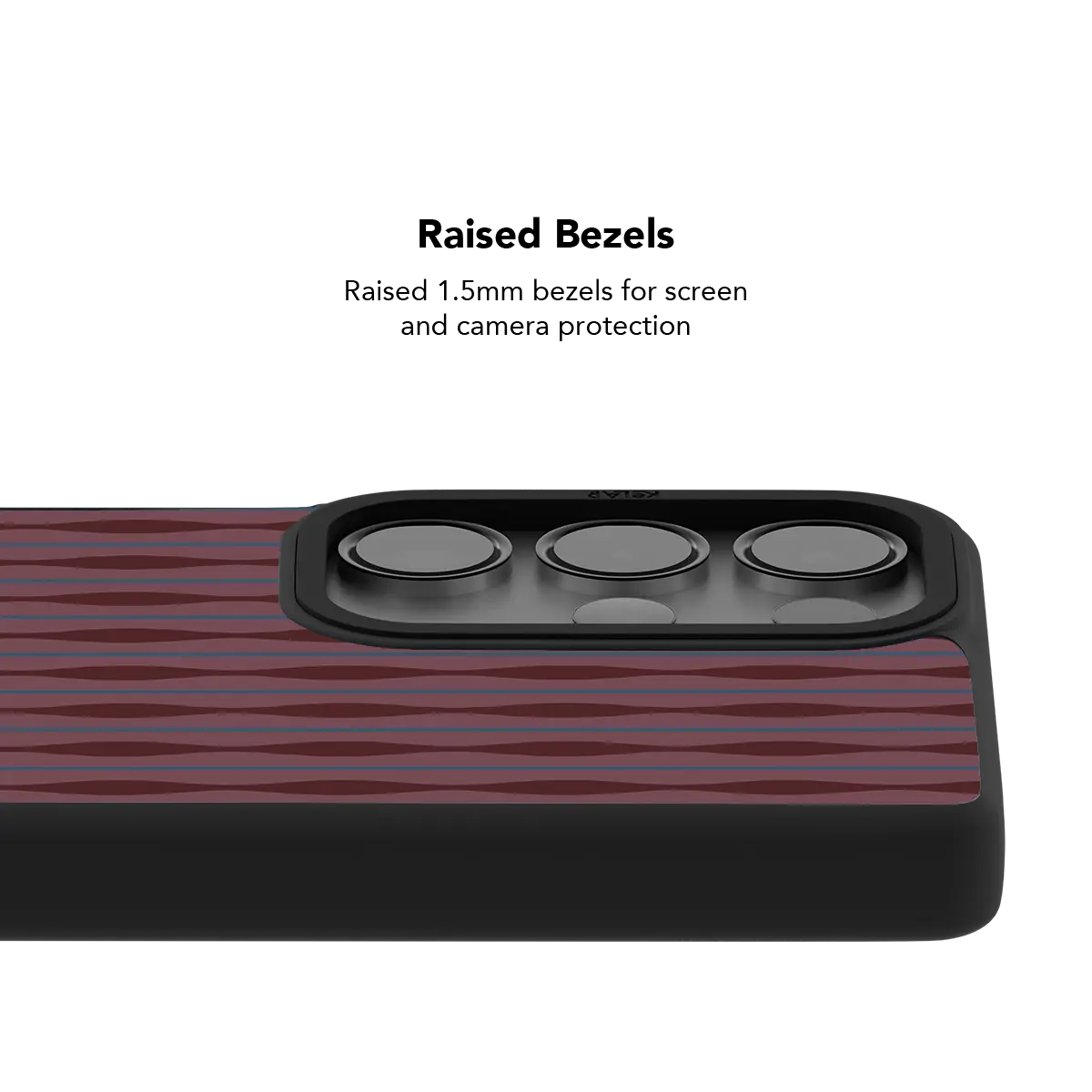 Raised bezel on the burgundy ripple Galaxy case lifting the camera lenses clear of a flat surface
