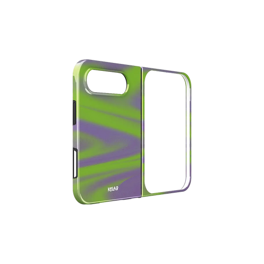 Y2K Neon Green Abstract Wave, Gradient iPhone 18 Fold Case, unfolded side view showing the hinge