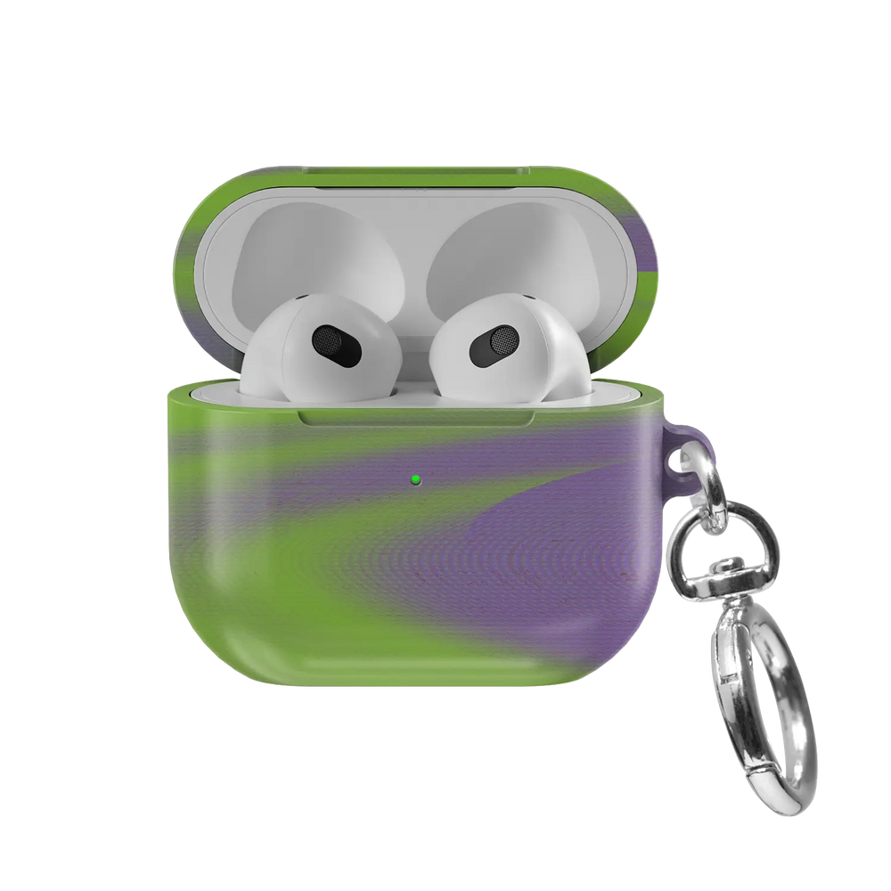Neon Green Abstract Wave AirPods Case, front view with lid open