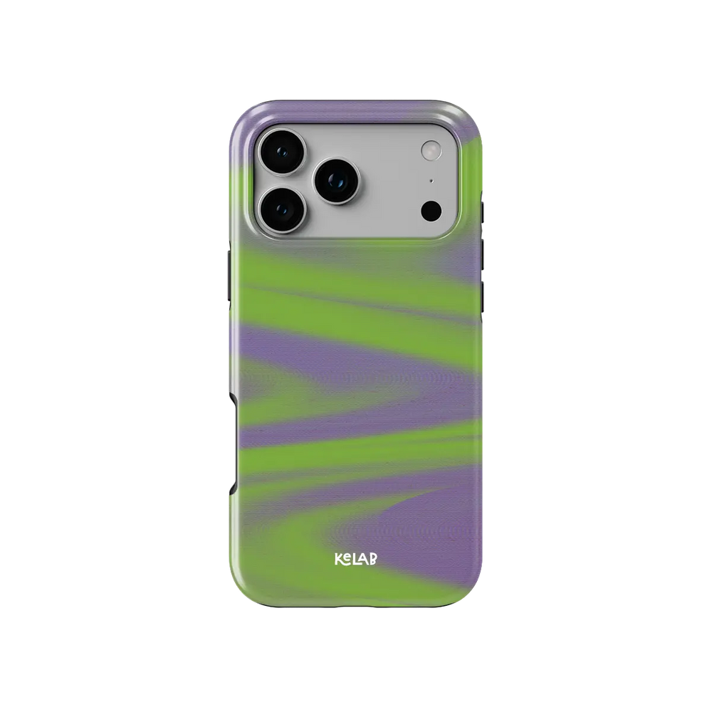 Y2K Neon Green Abstract Wave iPhone Case, back view showing full coverage and camera cutout