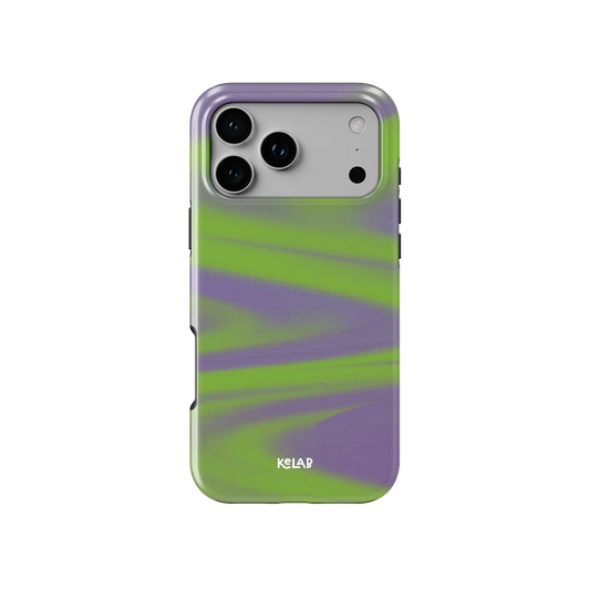 Y2K Neon Green Abstract Wave iPhone Case, back view showing full coverage and camera cutout