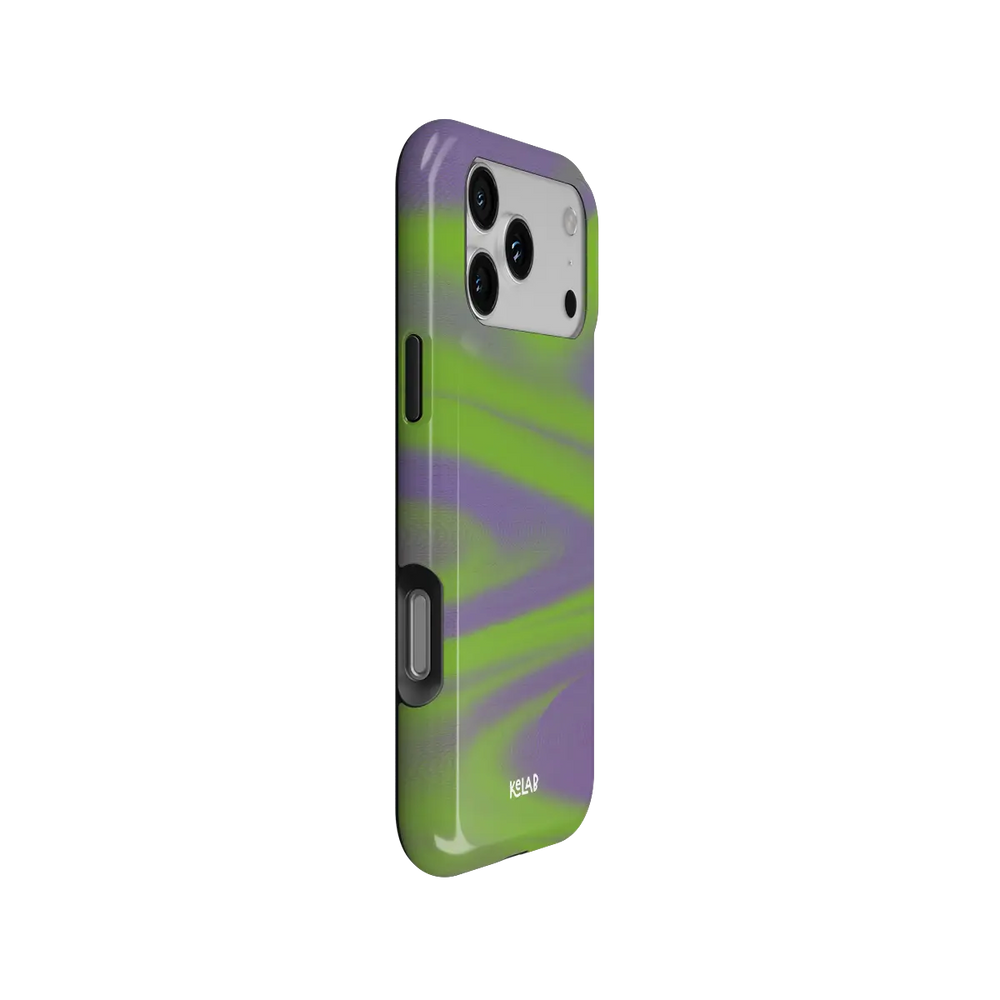 Y2K Neon Green Abstract Wave iPhone Case, side angle view showing precise button cutouts and wraparound edge