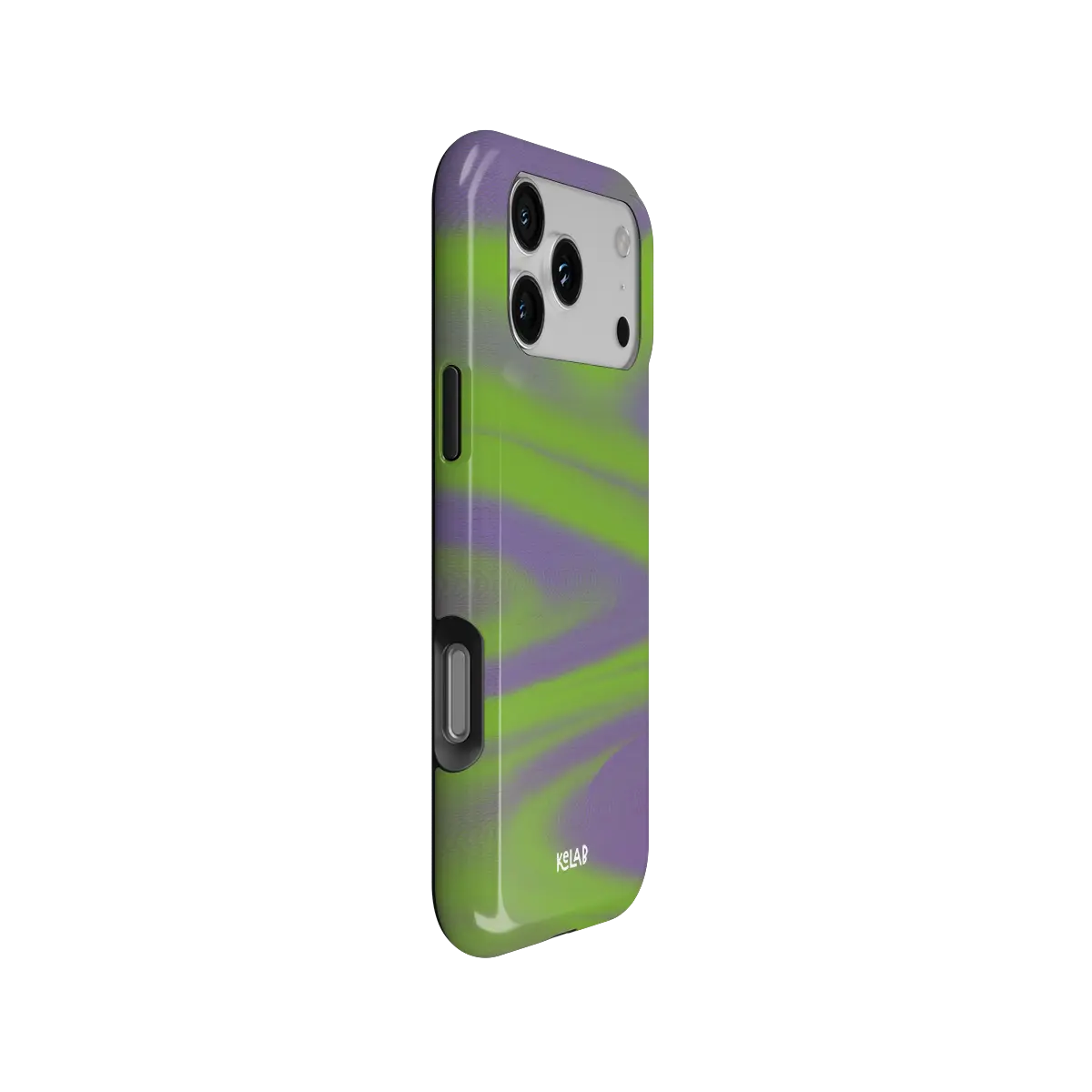 Y2K Neon Green Abstract Wave iPhone Case, side angle view showing precise button cutouts and wraparound edge