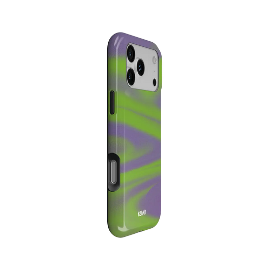 Y2K Neon Green Abstract Wave iPhone Case, side angle view showing precise button cutouts and wraparound edge