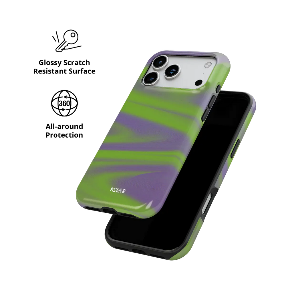 Y2K Neon Green Abstract Wave iPhone Case, scratch-resistant all-around protection detail
