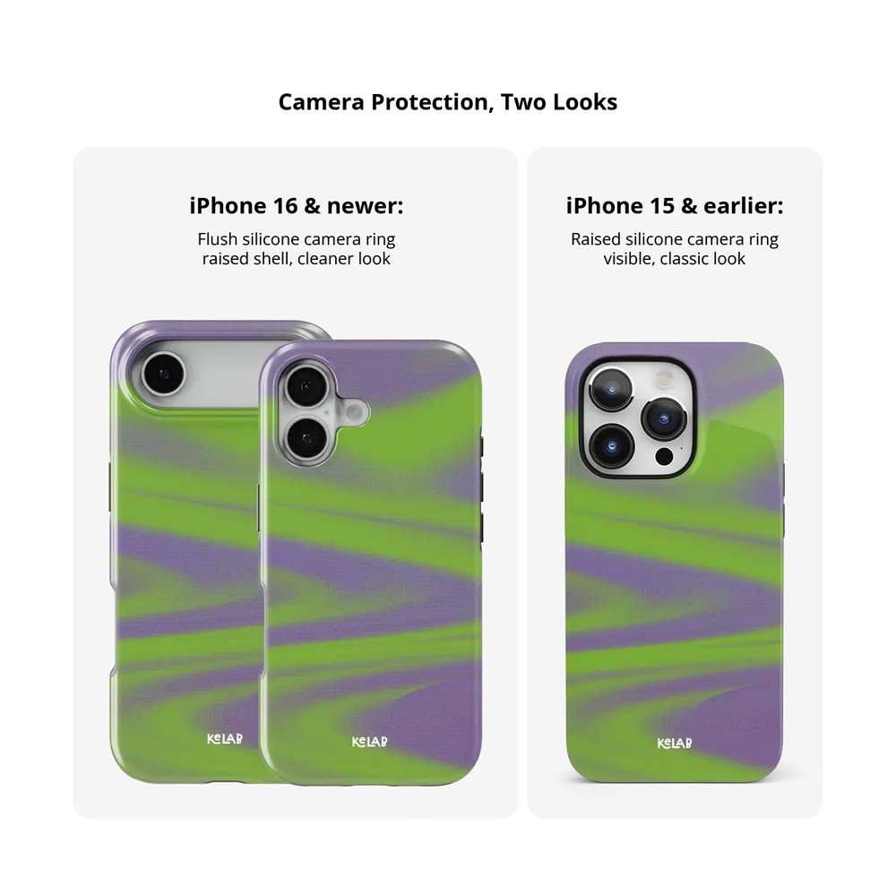 Y2K Neon Green Abstract Wave iPhone Case, camera protection and iPhone model size comparison