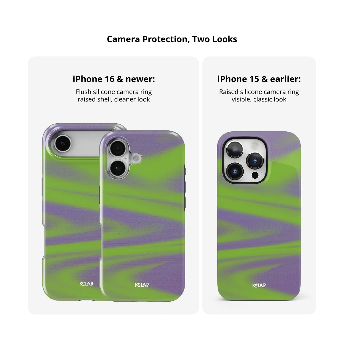 Y2K Neon Green Abstract Wave iPhone Case, camera protection and iPhone model size comparison