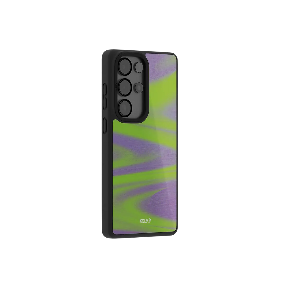 Neon green Y2K wave Samsung Galaxy case at a side angle showing the wrapped button covers