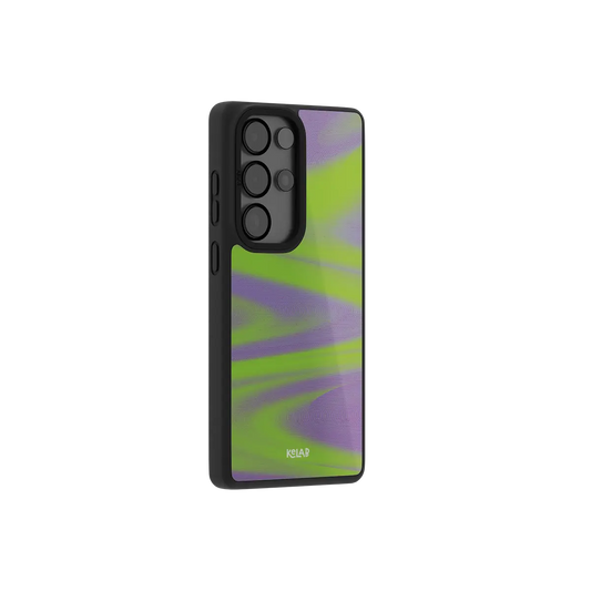 Neon green Y2K wave Samsung Galaxy case at a side angle showing the wrapped button covers
