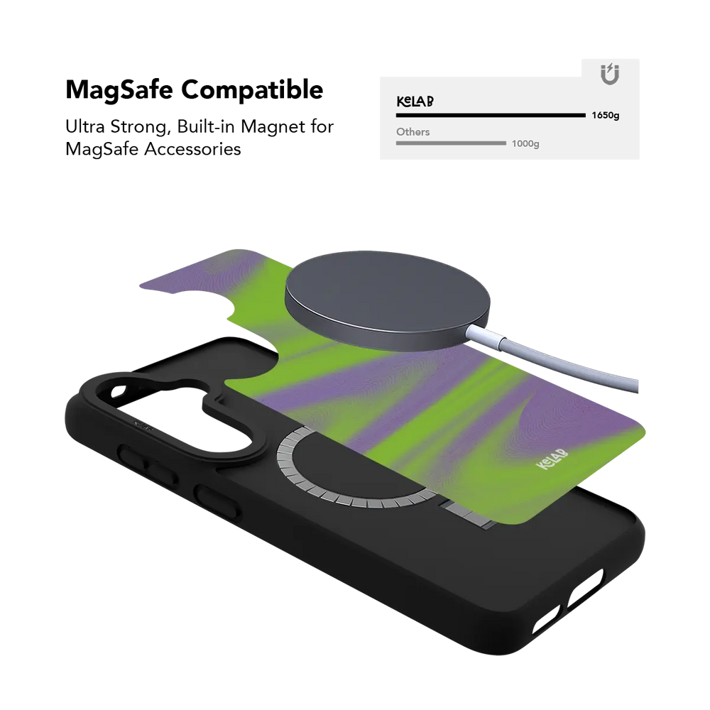 Neon green Y2K wave Samsung Galaxy case holding a magnetic wireless charger through the built in ring