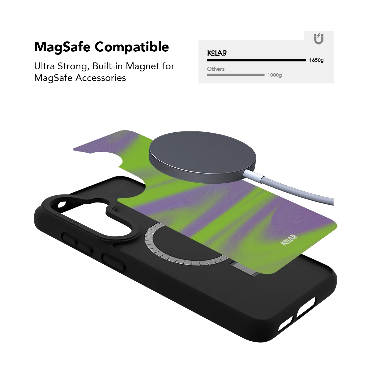 Neon green Y2K wave Samsung Galaxy case holding a magnetic wireless charger through the built in ring
