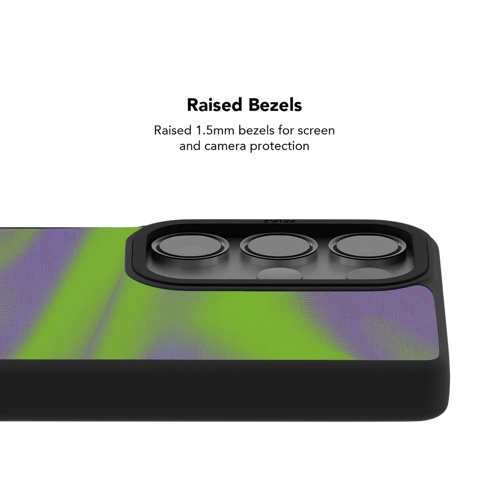 Raised bezel on the neon green Y2K Galaxy case lifting the camera lenses clear of a flat surface